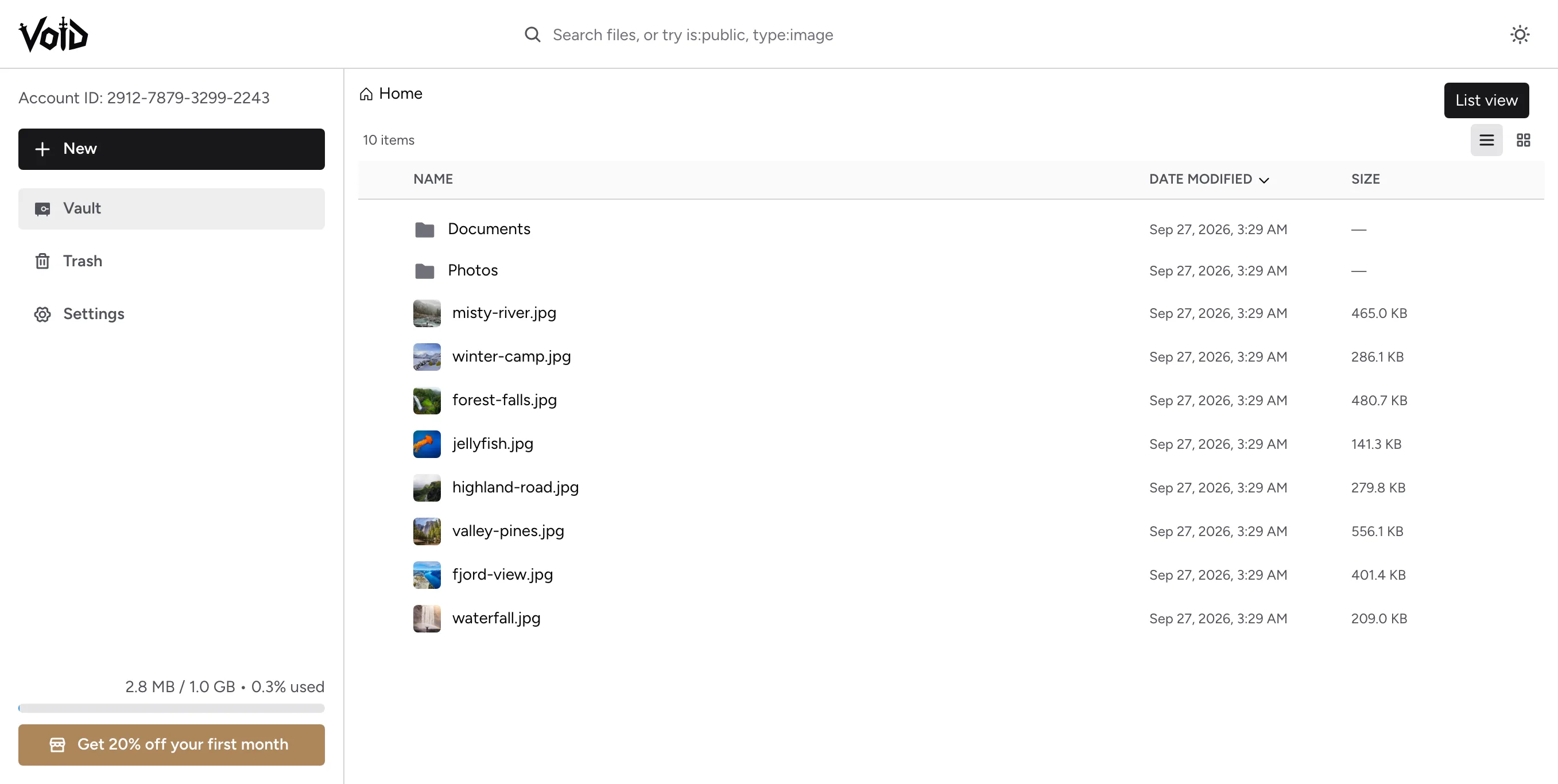 Filevoid file viewer interface showing secure file management