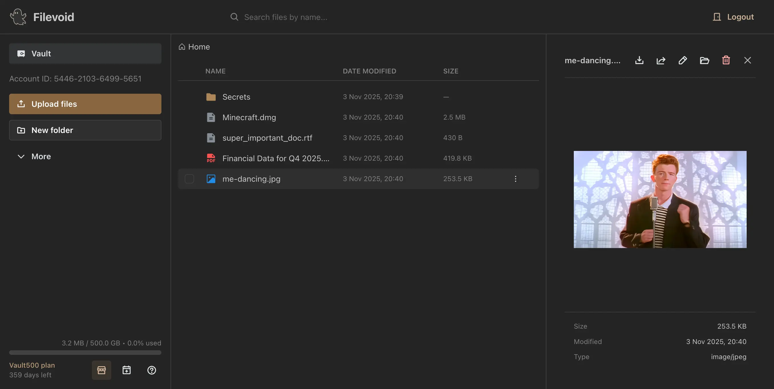 Filevoid file viewer interface showing secure file management